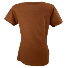 Camiseta Feminina TXC Manga Curta Slim Meia Malha Marrom Bordada Logo Creme E Dourado Ref:51128