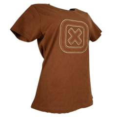 Camiseta Feminina TXC Manga Curta Slim Meia Malha Marrom Bordada Logo Creme E Dourado Ref:51128