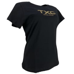 Camiseta Feminina TXC Manga Curta Slim Meia Malha Preto Estampada Logo Dourado Ouro Ref:51165