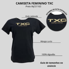 Camiseta Feminina TXC Manga Curta Slim Meia Malha Preto Estampada Logo Dourado Ouro Ref:51165