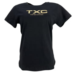 Camiseta Feminina TXC Manga Curta Slim Meia Malha Preto Estampada Logo Dourado Ouro Ref:51165