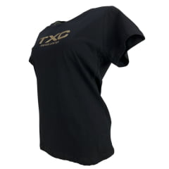 Camiseta Feminina TXC Manga Curta Slim Meia Malha Preto Estampada Logo Dourado Ouro Ref:51165