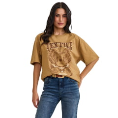 Camiseta Feminina TXC Oversize Fio 30 Manga Curta Marrom Claro Estampada Violão Ref:51370