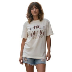 Camiseta Feminina TXC OverSize Fio30 Manga Curta Areia Estampada Ref:51369 Camiseta Feminina TXC OverSize Fio30 Manga Curta Areia Estampada Ref:51369