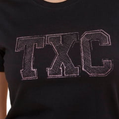 Camiseta Feminina TXC Preta Custom Slim Manga Curta Com Logo Rosa Brilhante Ref.50897