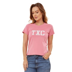 Camiseta Feminina TXC Rosa Custom Slim Manga Curta Com Logo Branco Ref.50896