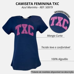 Camiseta Feminina TXC Slim Custom Manga Curta Azul Marinho Com Logo Aplicado Rosa REF: 50979