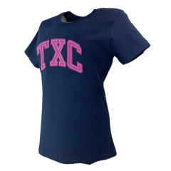 Camiseta Feminina TXC Slim Custom Manga Curta Azul Marinho Com Logo Aplicado Rosa REF: 50979