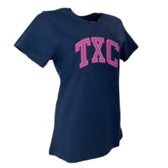 Camiseta Feminina TXC Slim Custom Manga Curta Azul Marinho Com Logo Aplicado Rosa REF: 50979