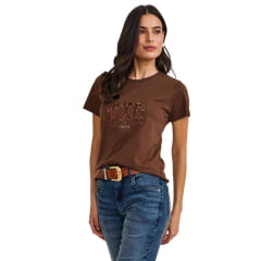 Camiseta Feminina TXC Slim Fio 30 Manga Curta Marrom Escuro Bordada Logo Paetê Ref:51366