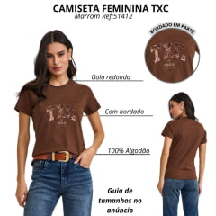 Camiseta Feminina TXC Slim Fio 30 Manga Curta Marrom Escuro Bordada Logo Paetê Ref:51366