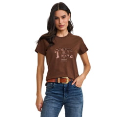 Camiseta Feminina TXC Slim Fio 30 Manga Curta Marrom Escuro Bordada Logo Paetê Ref:51366