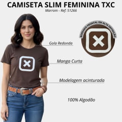 Camiseta Feminina TXC Slim Fio 30 Manga Curta Marrom Logo Branca Ref:51266