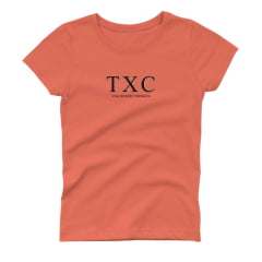 Camiseta Feminina TXC Slim Meia Malha Penteada Laranja Estampada Logo Azul Marinho - REF:51050