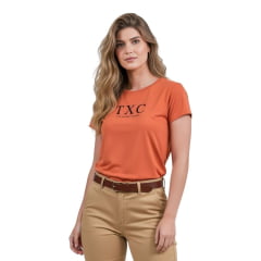 Camiseta Feminina TXC Slim Meia Malha Penteada Laranja Estampada Logo Azul Marinho - REF:51050