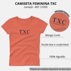 Camiseta Feminina TXC Slim Meia Malha Penteada Laranja Estampada Logo Azul Marinho - REF:51050