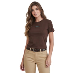 Camiseta Feminina TXC Slim RAM Manga Curta Marrom Logo Preto E Branco Ref:RAM008