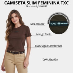 Camiseta Feminina TXC Slim RAM Manga Curta Marrom Logo Preto E Branco Ref:RAM008