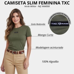 Camiseta Feminina TXC Slim RAM Manga Curta Verde Militar Logo Preto E Branco Ref:RAM008