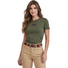 Camiseta Feminina TXC Slim RAM Manga Curta Verde Militar Logo Preto E Branco Ref:RAM008