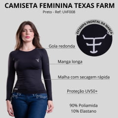 Camiseta Feminina UV50+ Texas Farm Manga Longa Preto Com Logo Branco Ref:UVF008