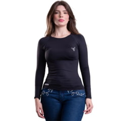 Camiseta Feminina UV50+ Texas Farm Manga Longa Preto Com Logo Branco Ref:UVF008