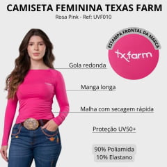 Camiseta Feminina UV50+ Texas Farm Manga Longa Rosa Pink Com Logo Branco Ref:UVF010