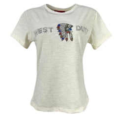 Camiseta Feminina West Dust Baby Look Manga Curta Off White Com Cocar Bordado Com Pedras Ref.BL29249