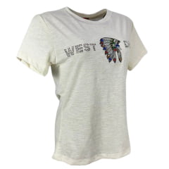 Camiseta Feminina West Dust Baby Look Manga Curta Off White Com Cocar Bordado Com Pedras Ref.BL29249