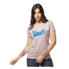 Camiseta Feminina Wrangler T-Shirt Manga Curta Rosa Claro Com Logo Estampado Azul Ref.WF5506RB