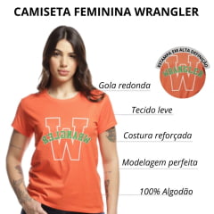 Camiseta Feminina Wrangler T-Shirt Manga Curta Tipo Baby Look Laranja Com Estampa Logo Verde e Branco Ref.WF5711SL