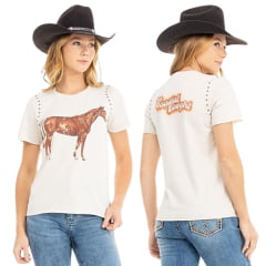 Camiseta Feminina Zenz Western Bege Manga Curta Com Desenho De Cavalo Ref.1350 Estrela