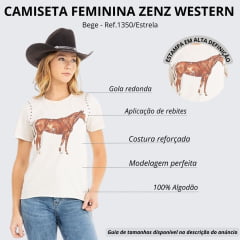 Camiseta Feminina Zenz Western Bege Manga Curta Com Desenho De Cavalo Ref.1350 Estrela