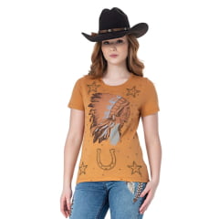 Camiseta Feminina Zenz Western Olive T-Shirt Manga Curta Com Desenho De Índio Ref.1267