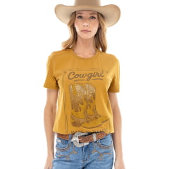 Camiseta Feminina Zenz Western T-shirt Galope Mostarda Estampa Cowgirl Bota Brilho Ref:ZW0226051-1724