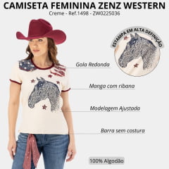 Camiseta Feminina Zenz Western T-Shirt Gasoline Manga Curta Creme Cavalo Bordado Ref:1498 - ZW0225036