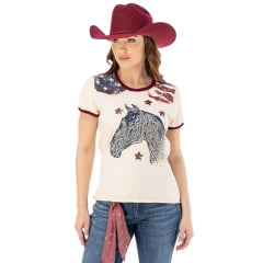Camiseta Feminina Zenz Western T-Shirt Gasoline Manga Curta Creme Cavalo Bordado Ref:1498 - ZW0225036