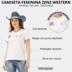 Camiseta Feminina Zenz Western T-Shirt Honey Belle Manga Curta Off White Bordados E Brilhos Ref:1492 - ZW02250030