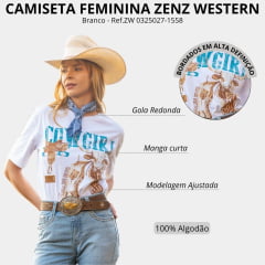 Camiseta Feminina Zenz Western T-Shirt Maxi Blue Barn Branco Cowgirl E Brilhos Ref: ZW 0325027-1558