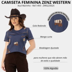 Camiseta Feminina Zenz Western T-Shirt Moonlight Manga Curta Azul Marinho Bordados Marrom Ref:1493 - ZW0225025