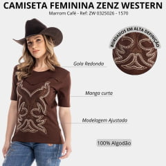 Camiseta Feminina Zenz Western T-Shirt Red Poll Marrom Café Bordado Com Strass Ref: ZW 0325026 - 1570