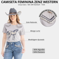 Camiseta Feminina Zenz Western T-Shirt White Horse Cinza Claro Estampa Cavalo Com Miçangas Ref: ZW 0325029-1554