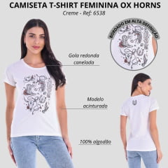 Camiseta Feminina Ox Horns T-Shirt Creme Estampado Com Brilho Ref: 6538