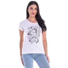 Camiseta Feminina Ox Horns T-Shirt Creme Estampado Com Brilho Ref: 6538