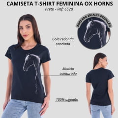 Camiseta Feminina Ox Horns T-Shirt Preta Estampado Cavalo Com Brilho Ref: 6520