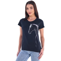 Camiseta Feminina Ox Horns T-Shirt Preta Estampado Cavalo Com Brilho Ref: 6520