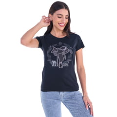 Camiseta Feminina Ox Horns T-Shirt Preta Estampado Sela Com Brilho Ref: 6518 Camiseta Feminina Ox Horns T-Shirt Preta Estampado Sela Com Brilho Ref: 6518