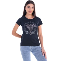 Camiseta Feminina Ox Horns T-Shirt Preta Estampado Sela Com Brilho Ref: 6518