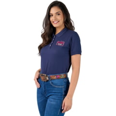 Camisa Polo Feminina Miss Country Vintage Azul Marinho Com Bordado Wild West Em Vermelho E Cru Ref:003395
