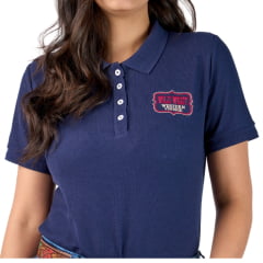 Camisa Polo Feminina Miss Country Vintage Azul Marinho Com Bordado Wild West Em Vermelho E Cru Ref:003395